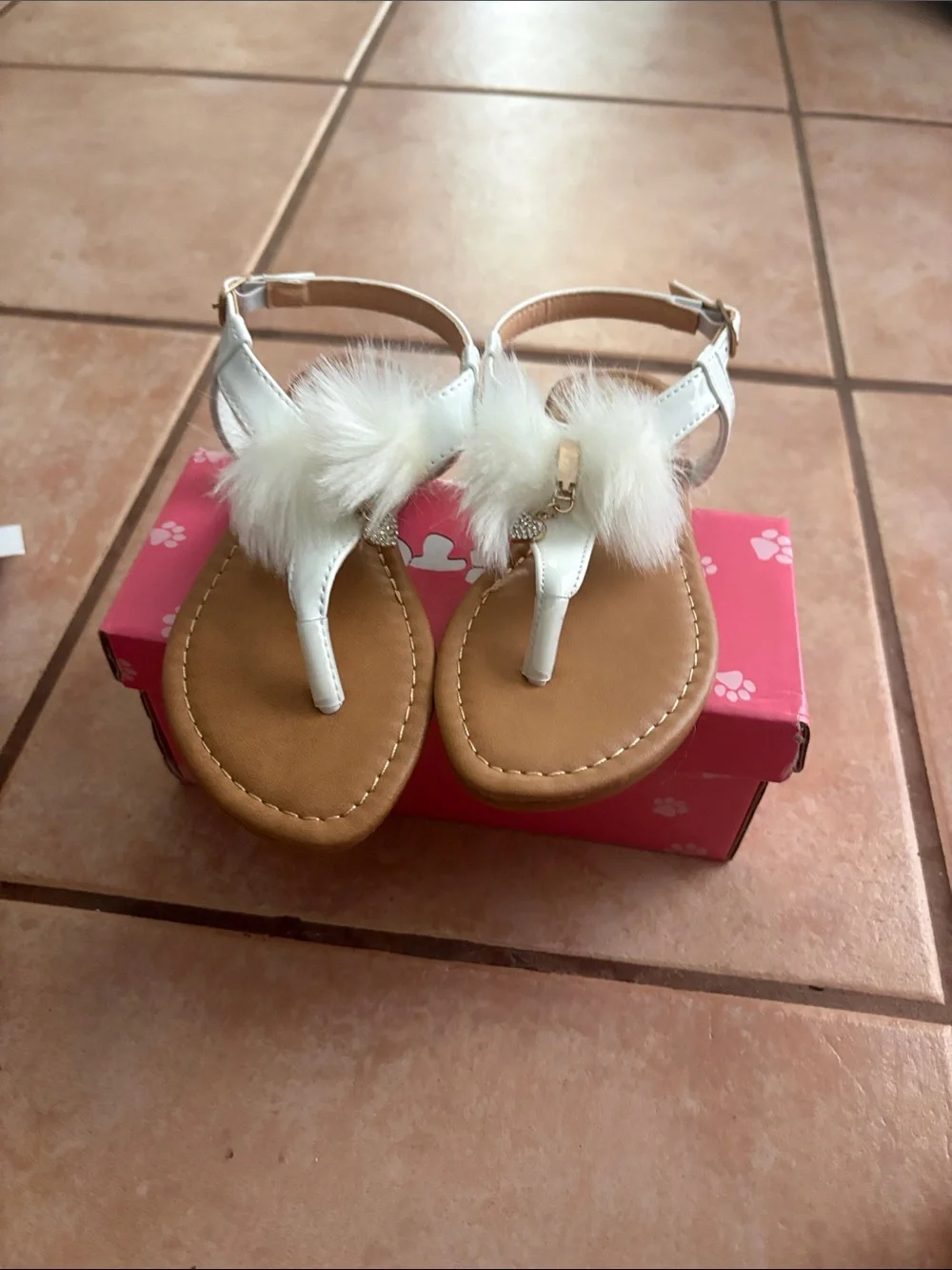 Girls White Faux Fur T-Strap Sandals with Ankle Strap